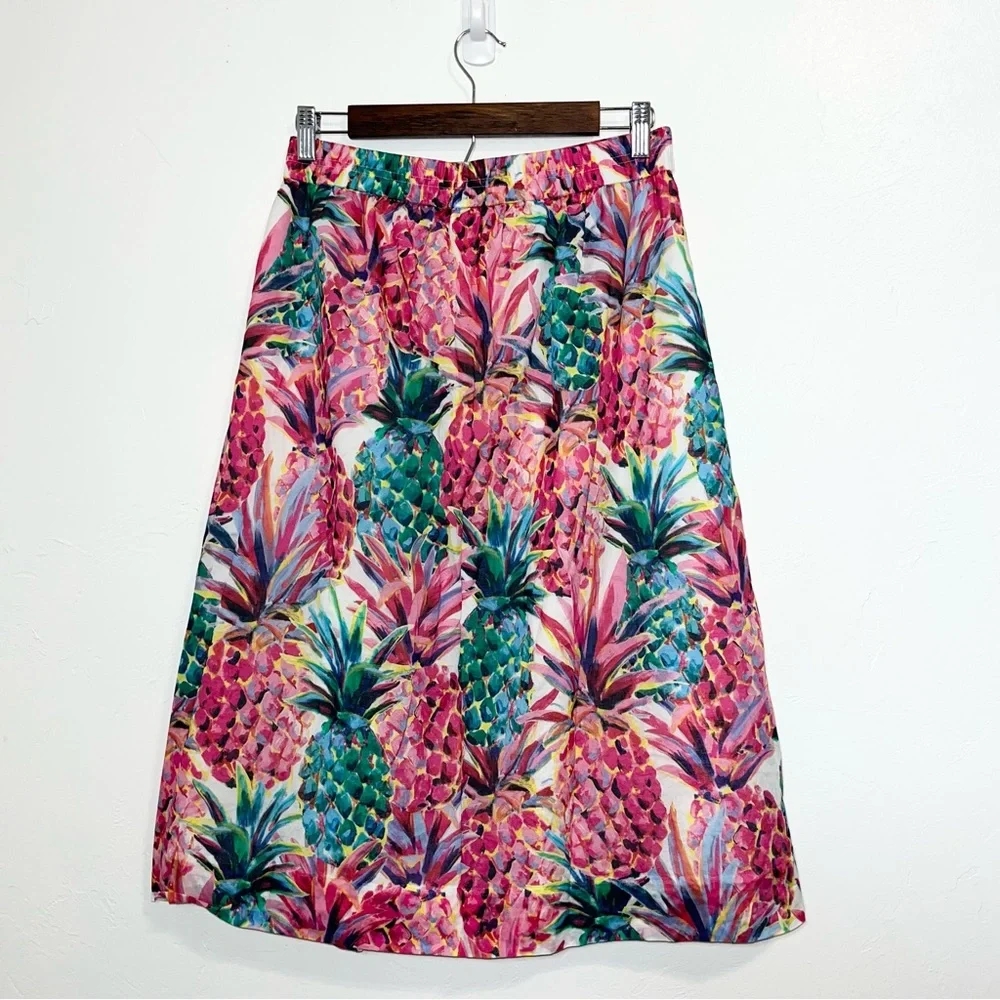 J.Crew A-Line Midi Skirt Ratti Painted Pink Pineapple Print Elastic Waist